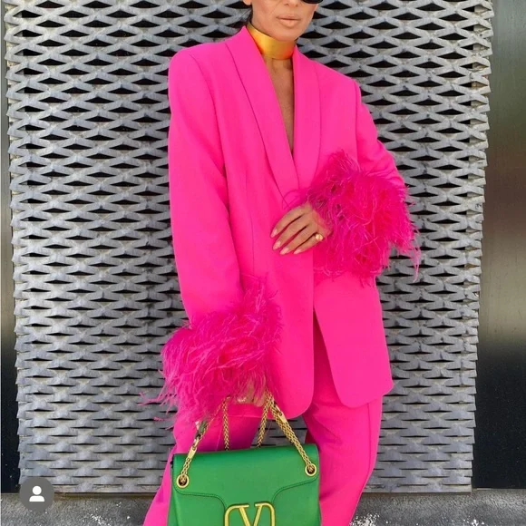 🔥HOT!! 🔥 2 PIECE ZARA NWT Feather Sleeve Blazer Pink & Matching Trousers